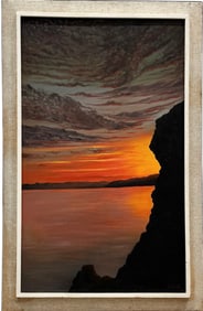 Large Vintage Tonalist Seascape Sunset  Off Cliffs Signed Painting Oil On Canvas