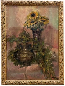 20th Century Still Life Of Sunflowers Framed Oil On Canvas Signed Illegibly