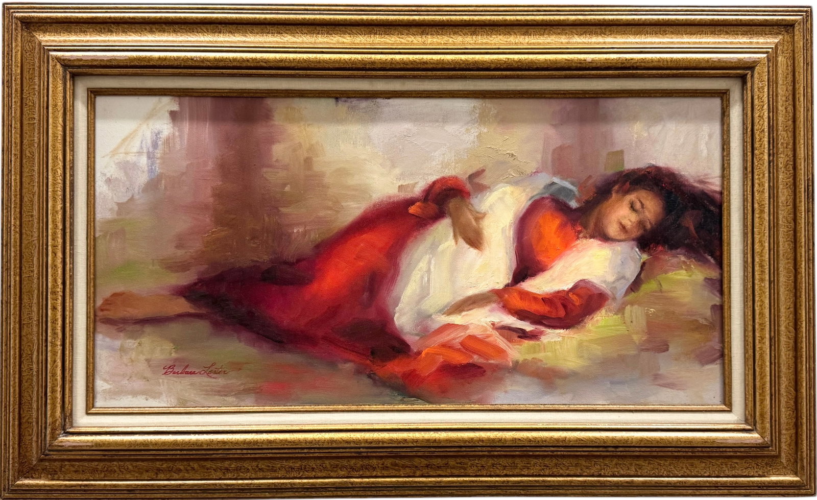 BARBARA LESTER (20th c, American) Lying Woman: Oil on canvas 30 x 15 in, 38 x 23 in (framed)