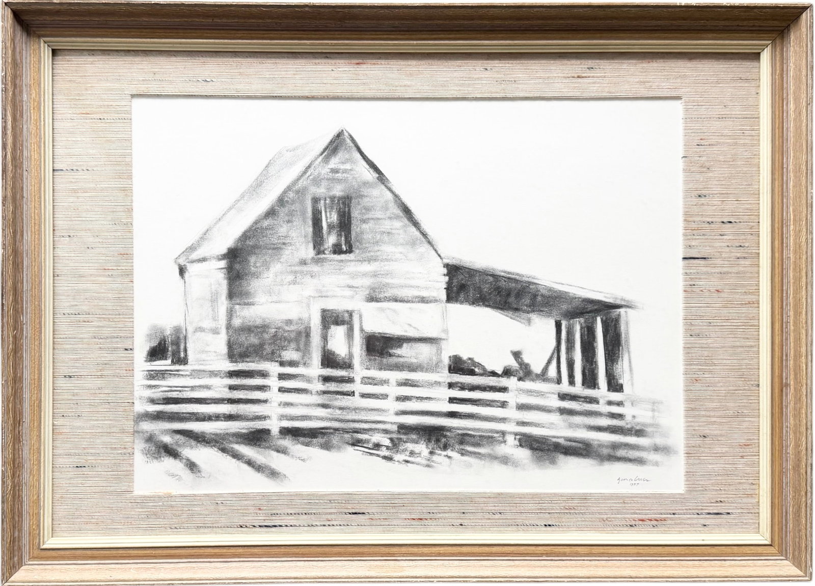 GEORGE CRESS (1921-2008, American) Tennessee Artist, North Georgia Barn, Exhibited: Charcoal on paper 22 x 16, 32 x 23 in (framed). George Ayers Cress was born in Anniston, Alabama. Studied at Emory University, American University and the University of Georgia. Student of Lamar Dodd.