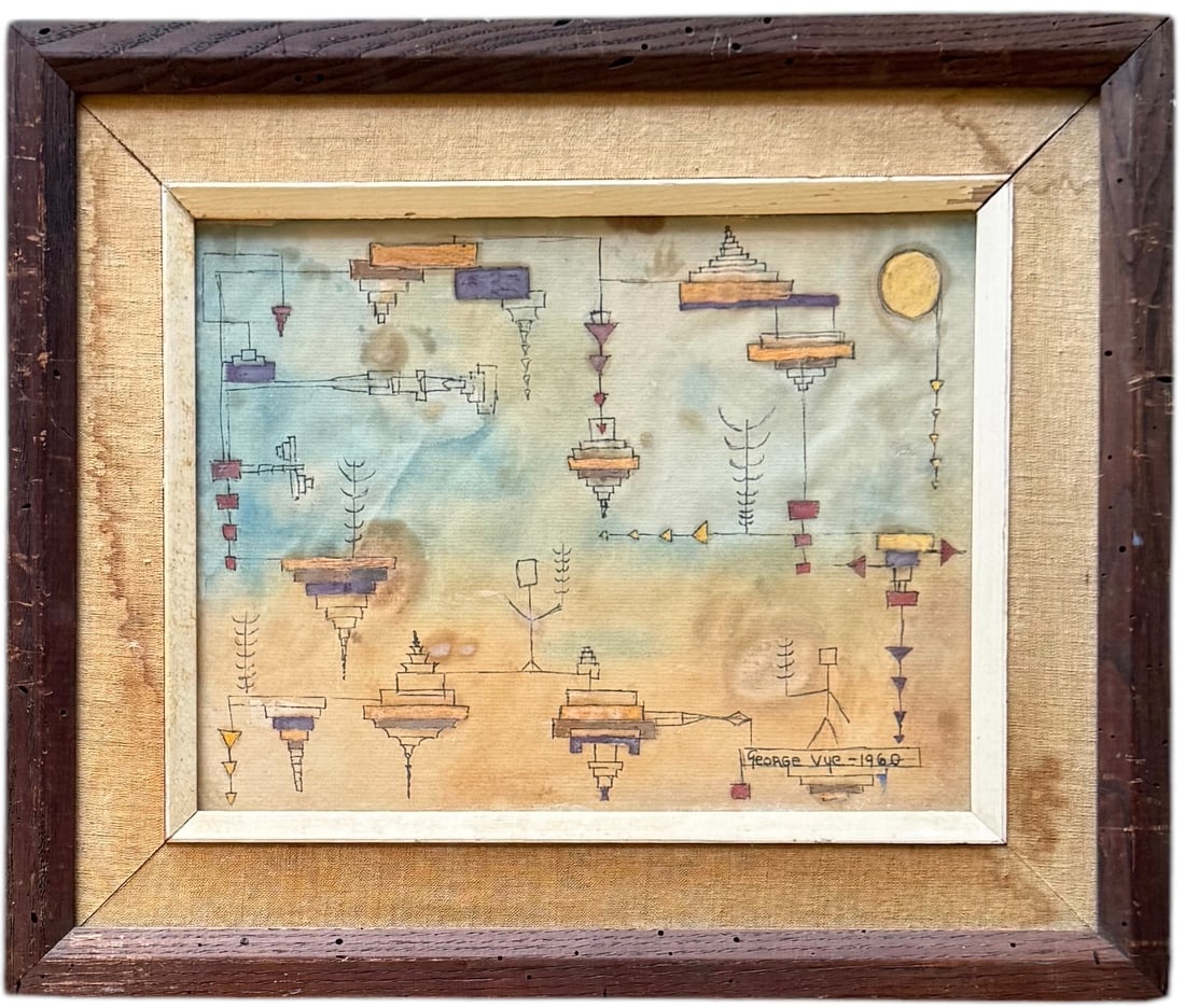 GEORGE VYE Mid-Century Modern Constructivist Watercolor Dated 1960: Watercolor 11 1/4 x 8 3/4 in (image), 17 x 14 1/4 in (framed)