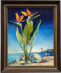 Vintage Italian School Modernist Coastal Landscape With Large Flower Signed