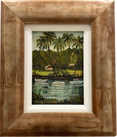 Nicely Framed Tropical Landscape With Palm Trees & Mountains Signed
