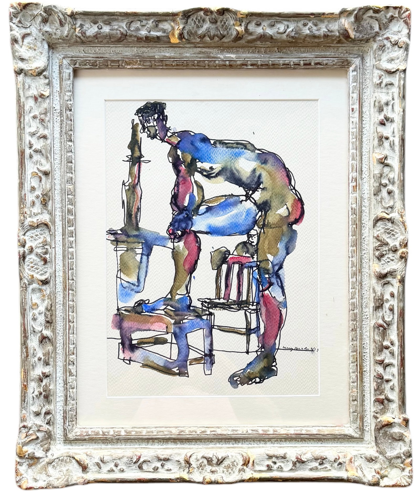 LARRY KESSLER (20th c, American) Nicely Framed Modernist Male Nude Watercolor: Watercolor on paper 14 x 10 in (signed), 22 1/2 x 18 1/2 in (framed)