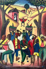 Vintage Naive Haitian School Village Scene Signed Oil On Canvas