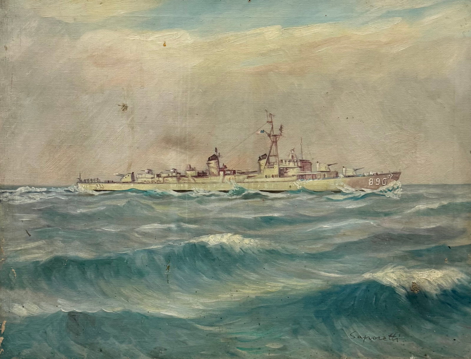 ADOLFO SAPORETTI (1907-1974, Italian) Marine Navy Ship Painting: Oil on canvas 25.5 x 19.5 in