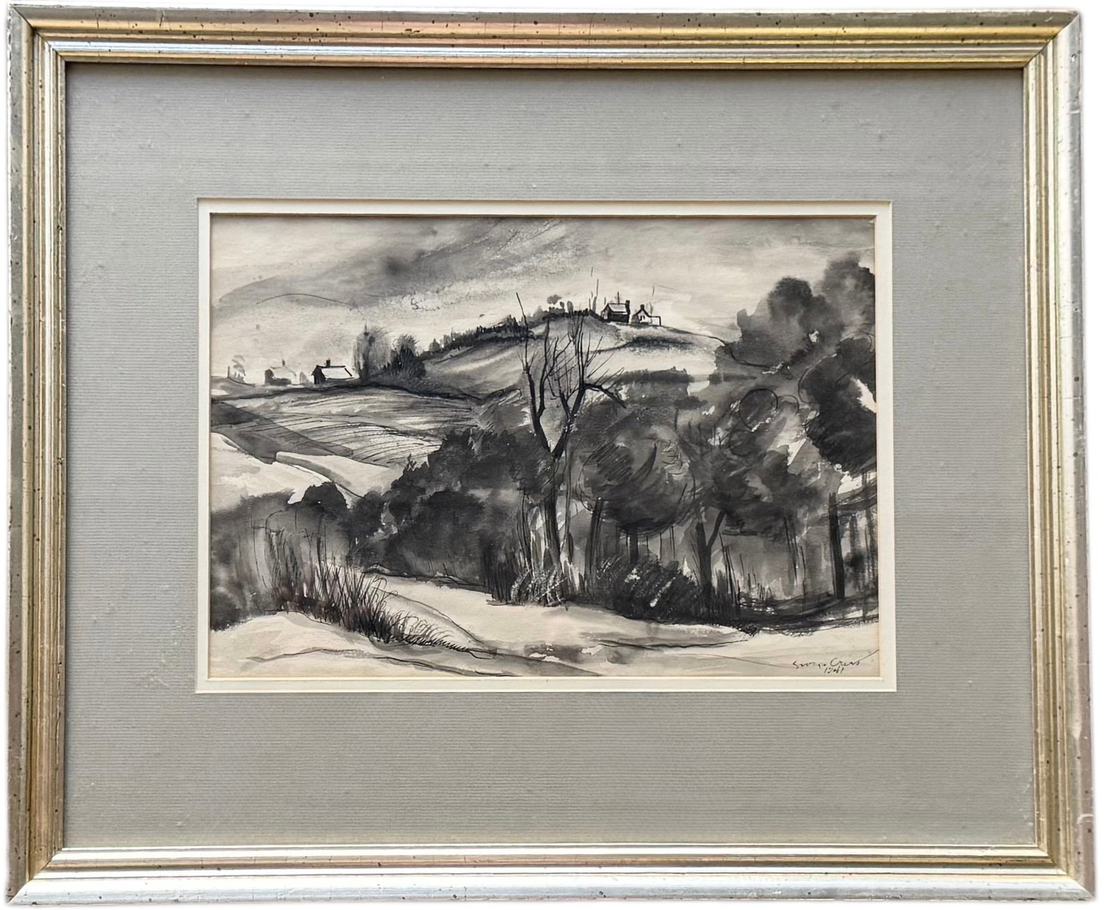 GEORGE CRESS (1921-2008, American) Tennessee Artist, Regionalist WPA Era Landscape: Ink and watercolor on paper 13 1/4 x 9 1/4 in, 21 x 17.5 in (framed). George Ayers Cress was born in Anniston, Alabama. Studied at Emory University, American University and the University of Georgia. 