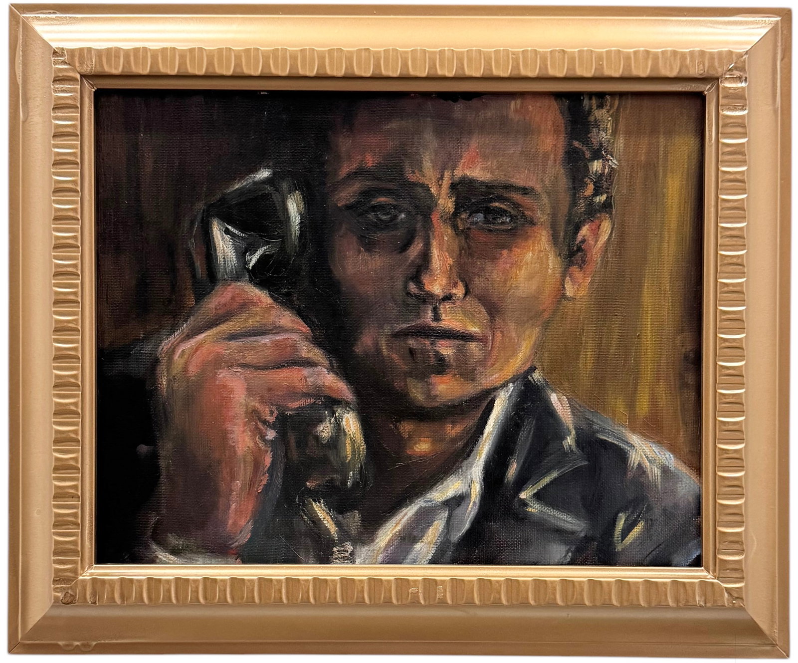 Contemporary Portrait Of A Man Holding A Phone Signed On Back: Oil on canvas 14 x 11 in, 18 x 14.5 in (framed)