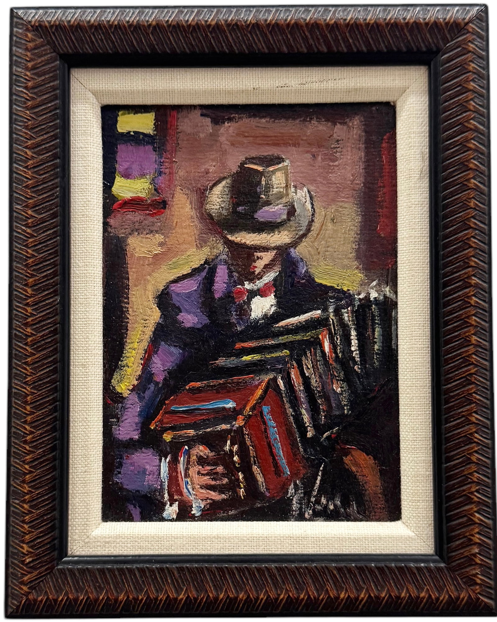 RODOLFO M JARA (20th c, Argentina) Accordian Player: Oil on board 7.5 x 6 in (framed)
