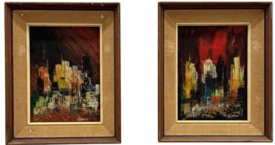 Pair Of American School Mid-Century Modern Cityscapes Signed