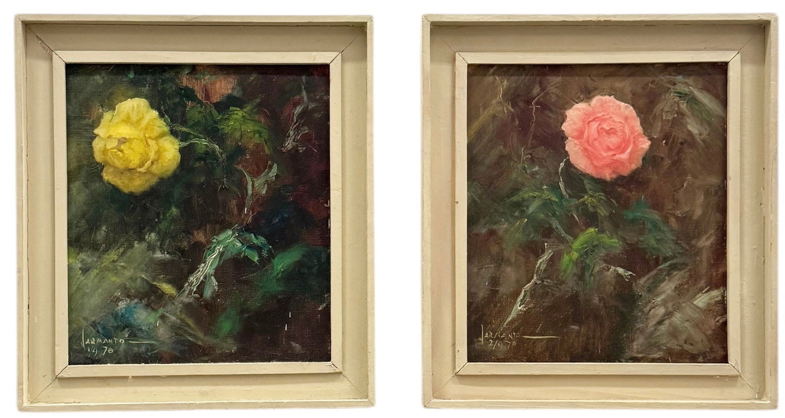 Pair Of Vintage 1970's Floral Signed Oil Paintings In Matching Frames: Oil on canvas 16 x 14 in, 20 x 18 in (framed)