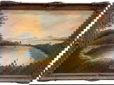 Early 20th Century Hudson River School Landscape Figures By Lake, Period Frame