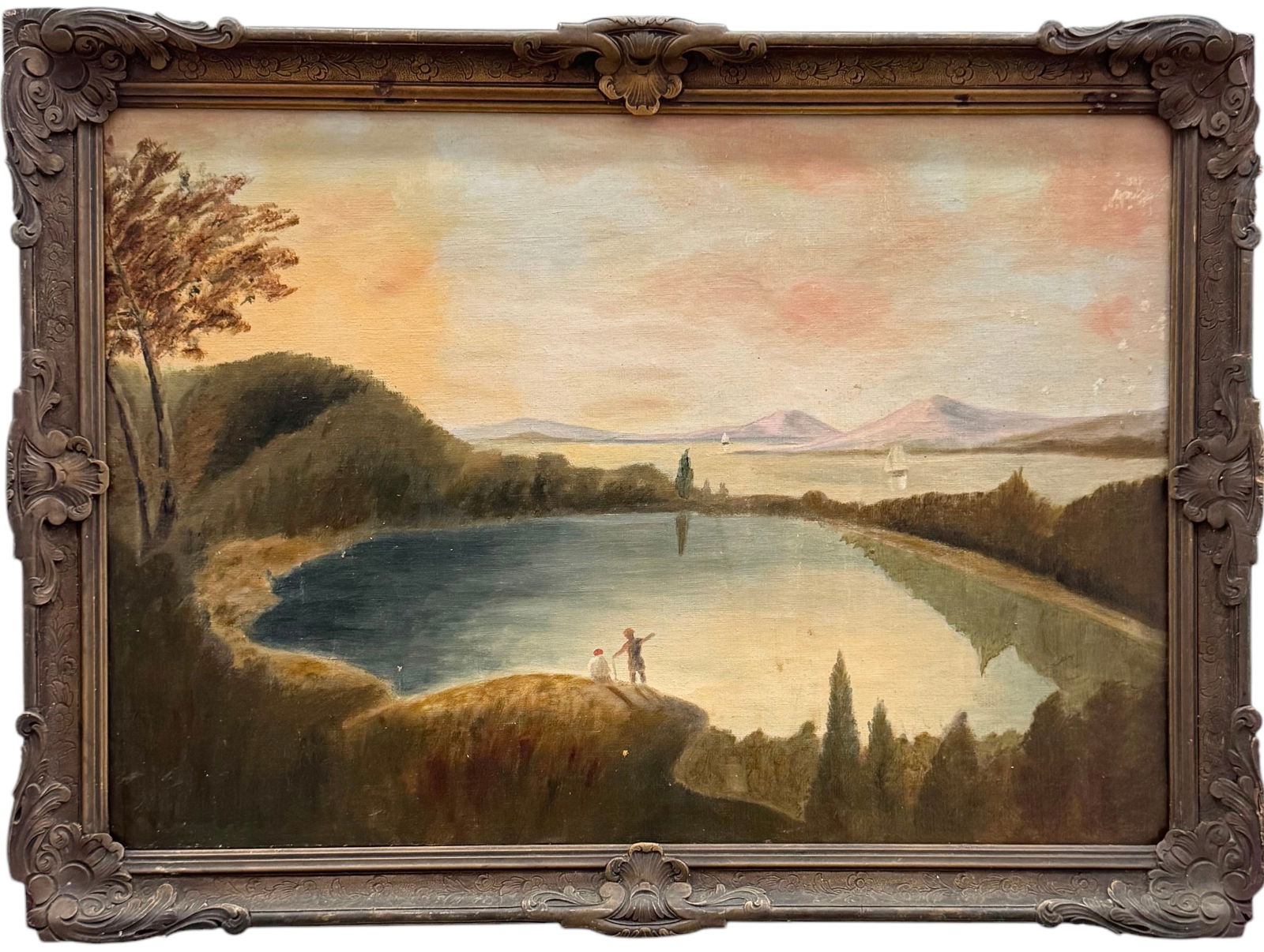 Early 20th Century Hudson River School Landscape Figures By Lake, Period Frame (1 of 3)
