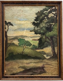 Early 20th Century American School Landscape Oil On Board In Original Frame