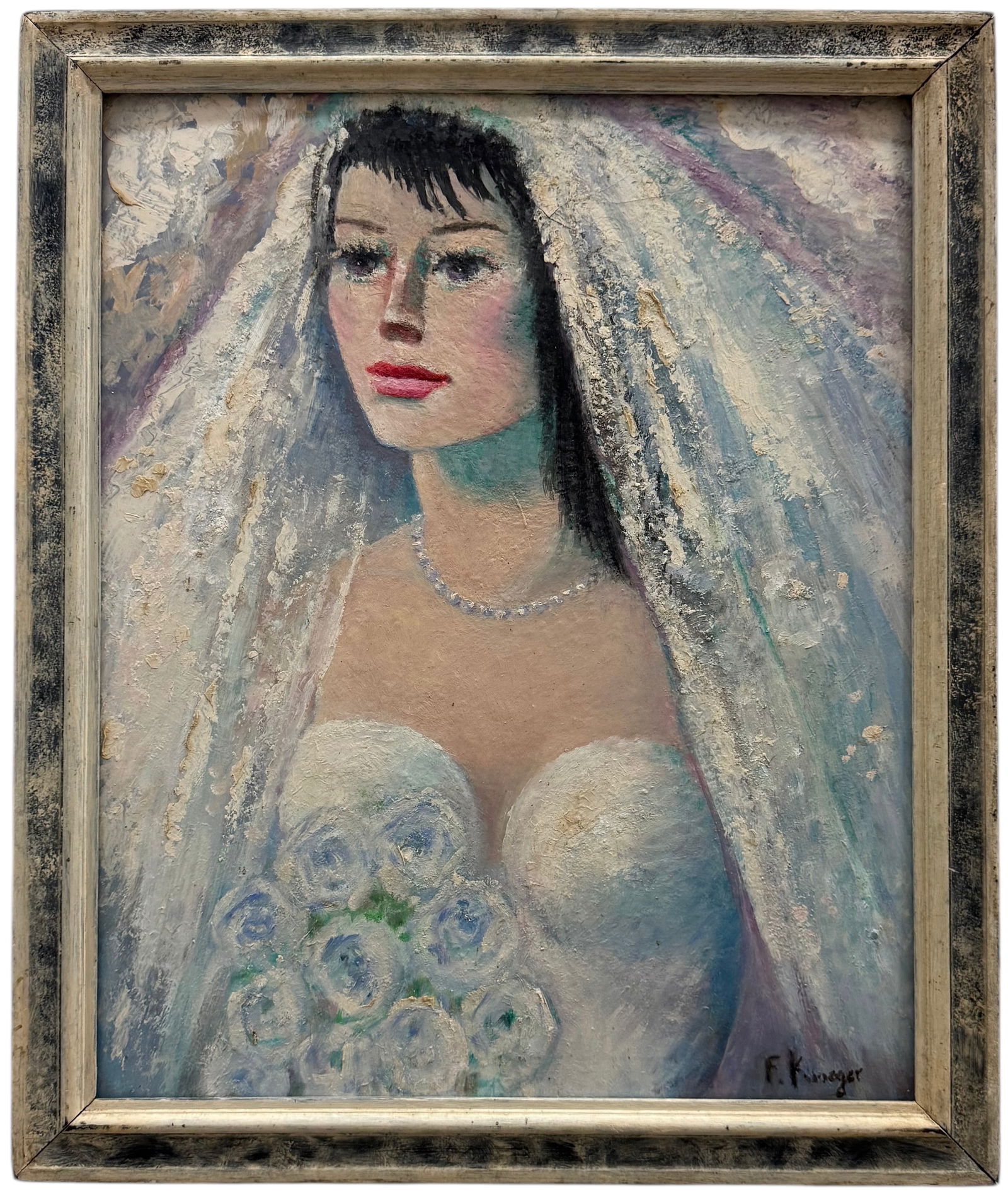 FLORENCE KREIGER (1919-2011, American) Modern Portrait Of A Bride In Veil: Oil on masonite 21.5 x 17.5 in, 24.5 x 20.5 in (framed)