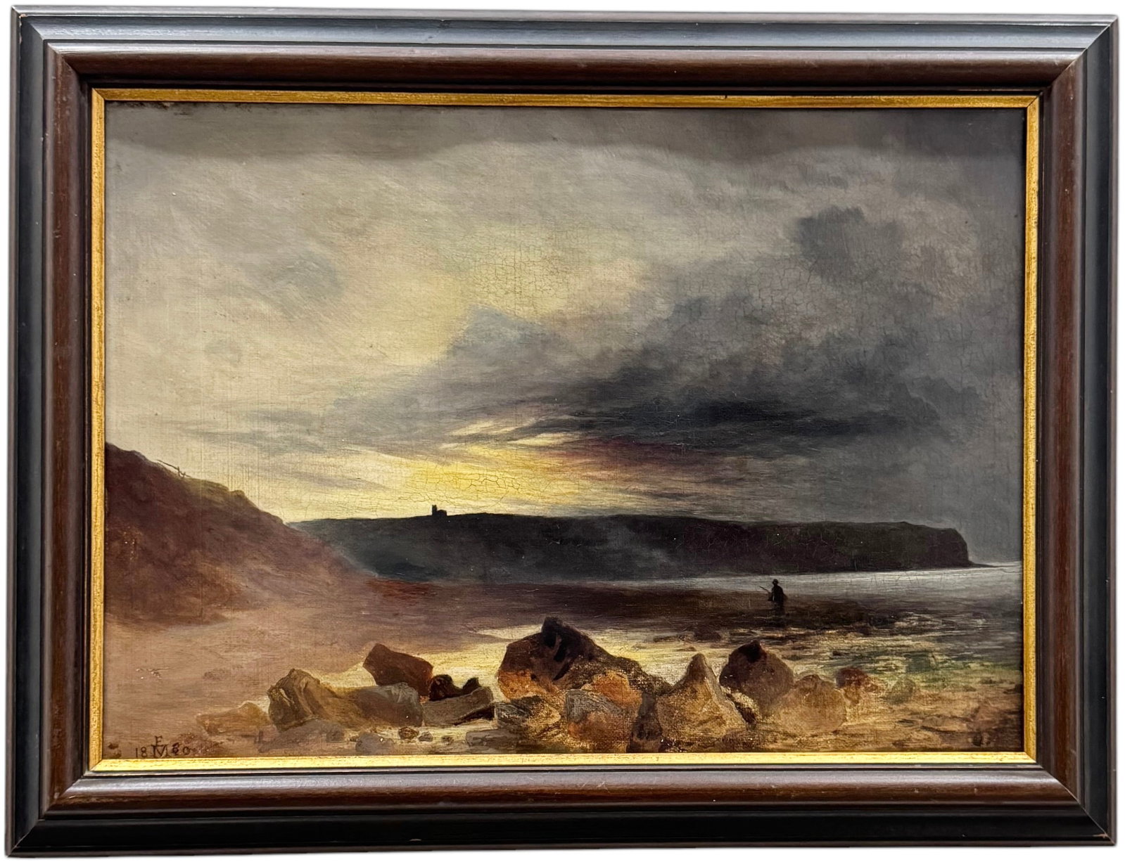 European School Coastal Landscape With Cliffs & Fisherman Signed With Monogram 1880: 19th century. Oil on canvas 14 1/4 x 10 1/4 in, 16 3/4 x 12 3/4 in (framed)