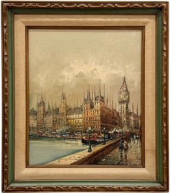 Mid-Century Oil Painting Cityscape Of London Big Ben In Period Frame