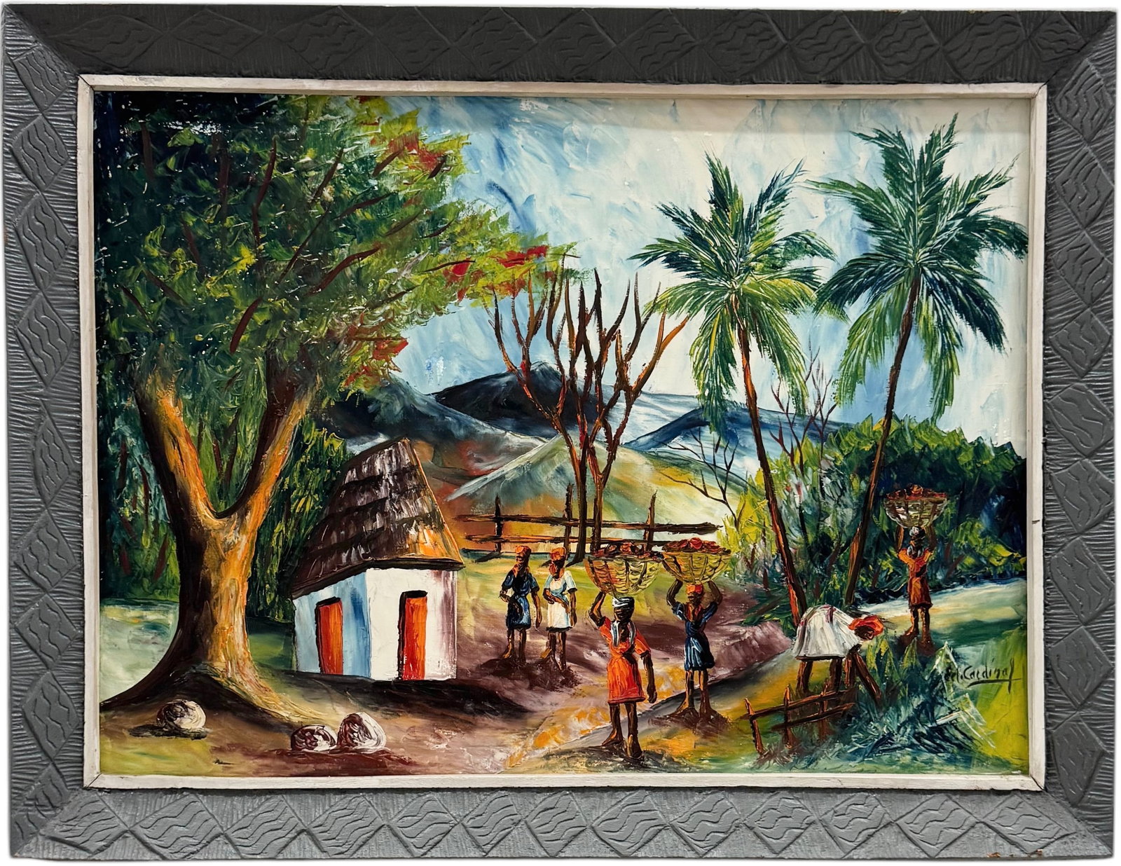 EDOUARD CARDINAL (20th c, Haitian) Village Landscape: Oil on canvas 30 x 22 in, 34 1/4 x 26 1/4 in (framed)