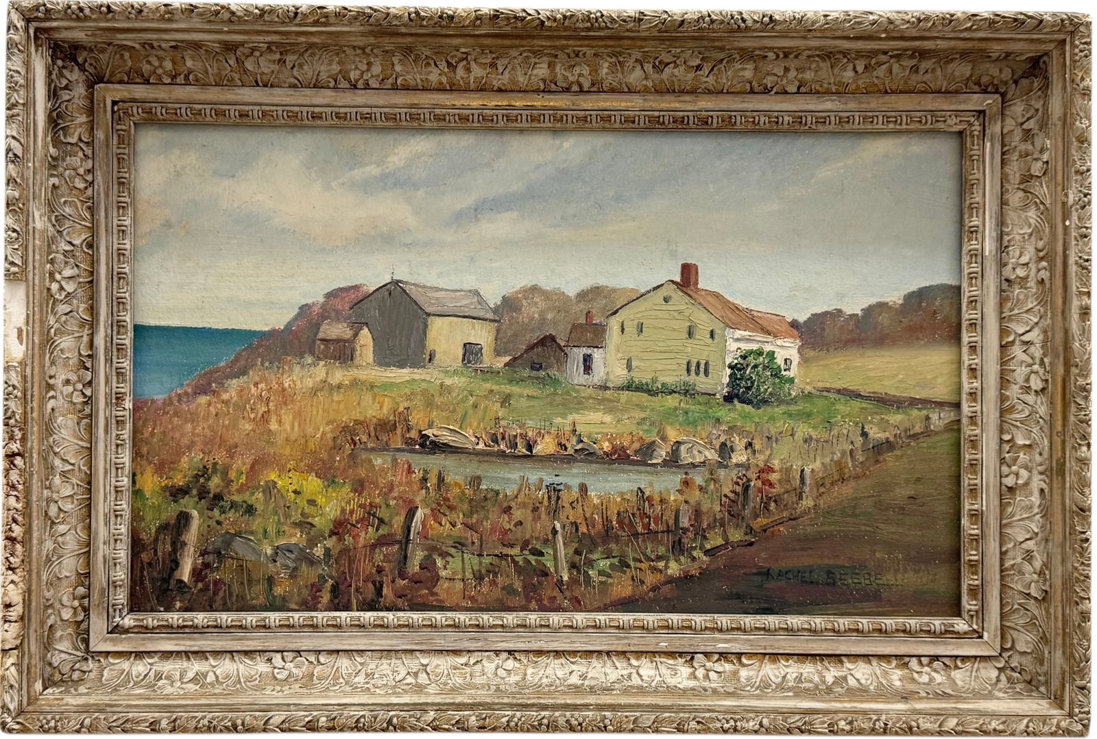 RACHEL BEEBE (1897 - 1996, American) Long Island Landscape With Houses: Oil on board 20 x 12 in, 24 x 16 in (framed).