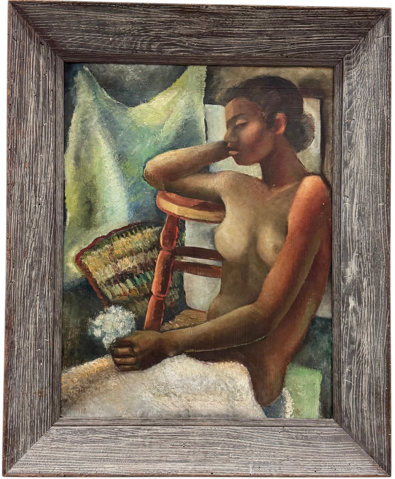 Mid-Century South School Cubist Black Nude Portrait Unsigned Oil On Masonite: Oil on board 29 3/4 x 22 3/4 in, 37 x 30 in (framed)