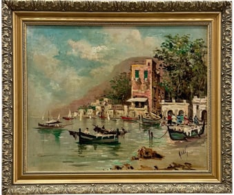 ANTONIO DEVITY (Italy, 1901-1993) Italian Harbor Scene With Boats