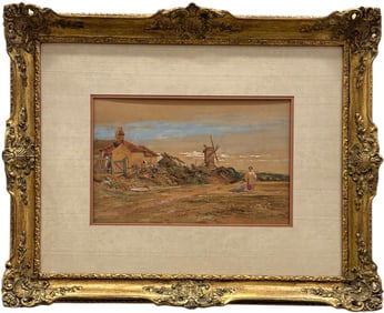 Mid- 19th Century European School Watercolor Figures In Landscape Signed