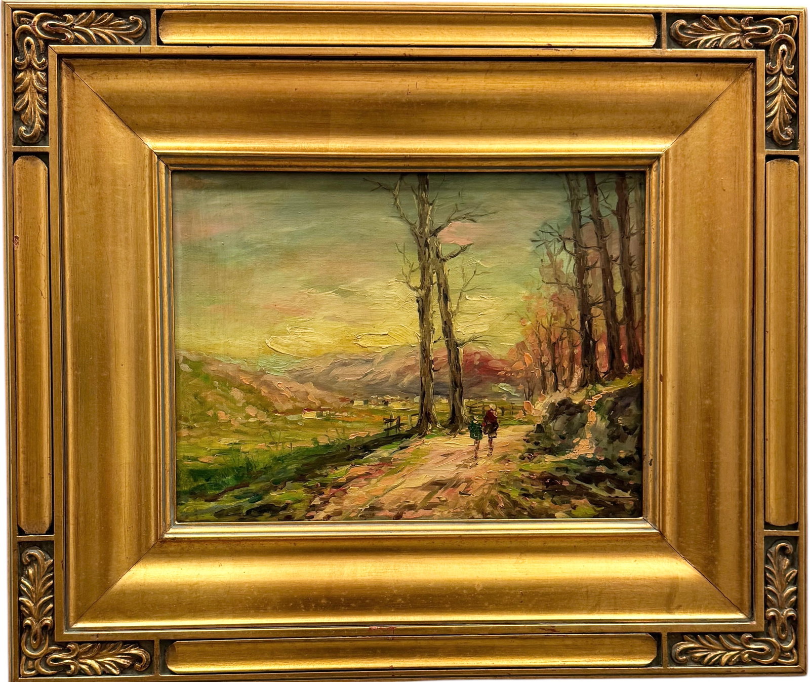Impressionist South American Mountain Landscape With Figures: Unsigned. Oil on canvas 16 x 12 in, 26 x 22 in (framed)