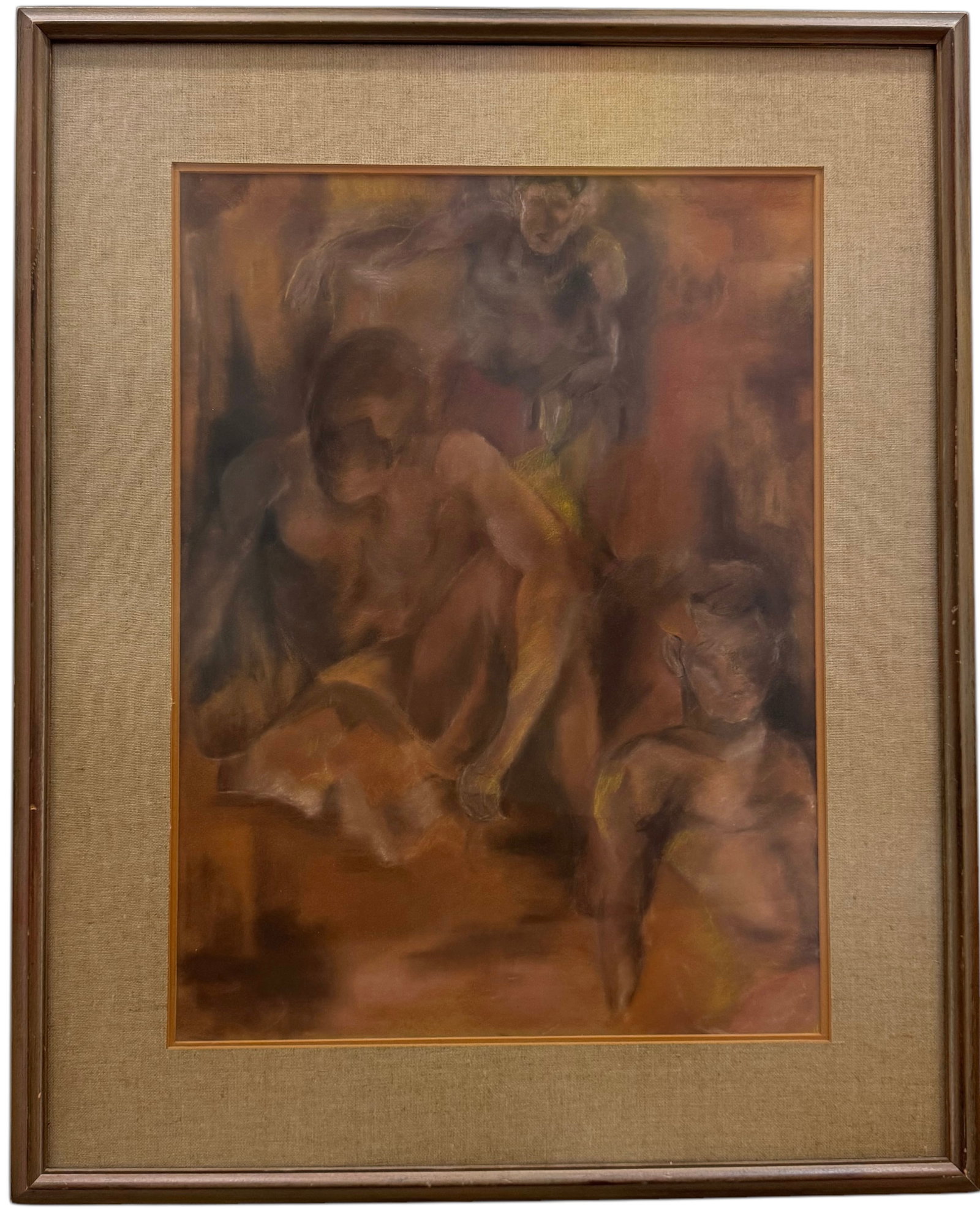 Nicely Framed Mid-Century American School Modern Abstract Of Nude Men: Mixed media 23 x 17 in, 31.5 x 25.5 in (framed). Pastel on paper. Framed using matted glass. Artist unknown.
