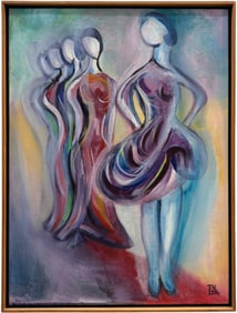 Modernist Abstract Woman With Figures Oil On Canvas Signed Lower Right