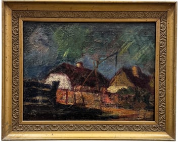 Early Modernist European School Village Scene Oil On Canvas Nice Frame