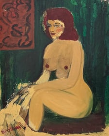 Mid-Century Modernist Nude Portrait Of A Woman Signed Oil On Board