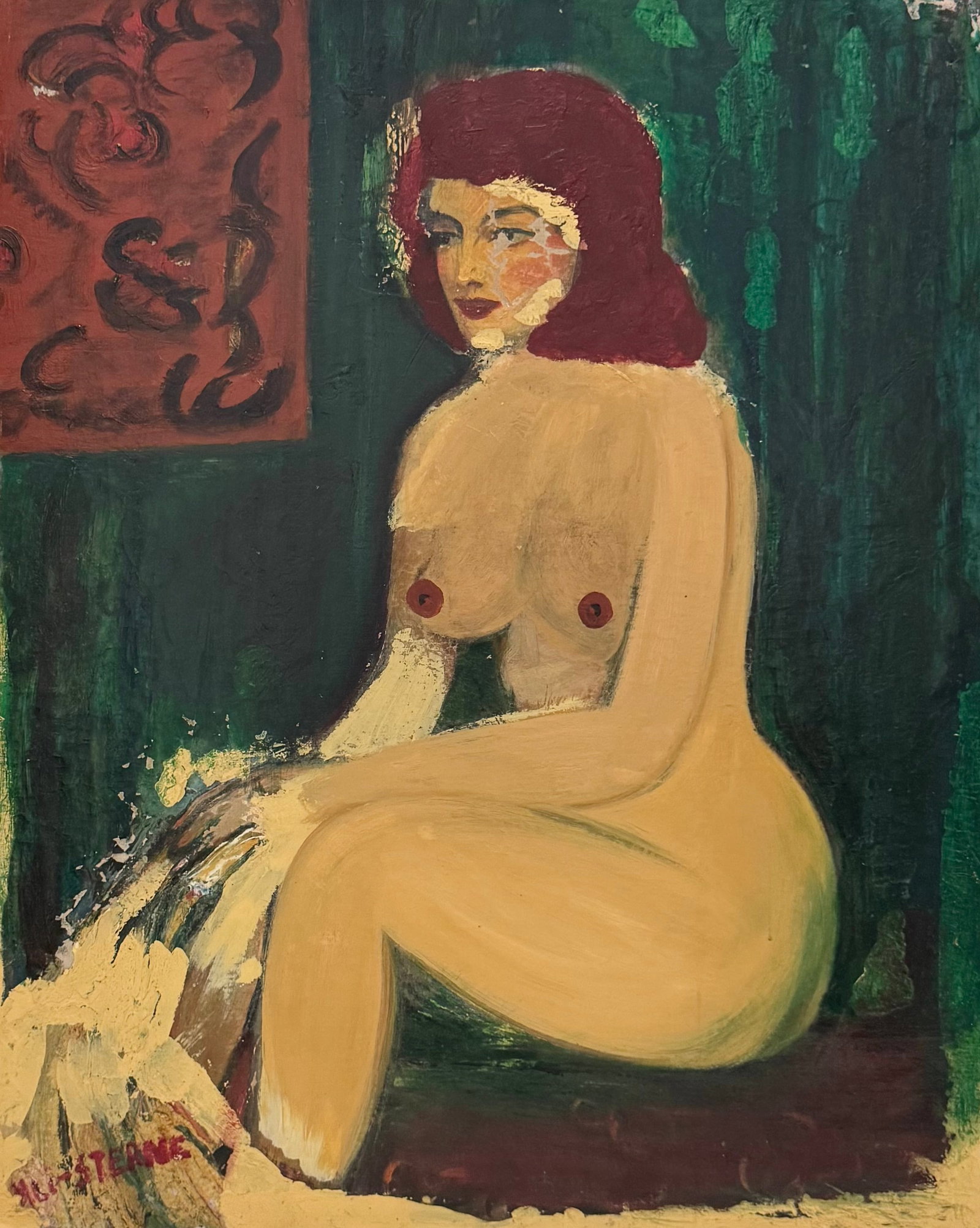 Mid-Century Modernist Nude Portrait Of A Woman Signed Oil On Board: Oil on board 29.5 x 24 in