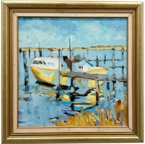 Modernist Florida Harbor Scene With Boat Signed Watson