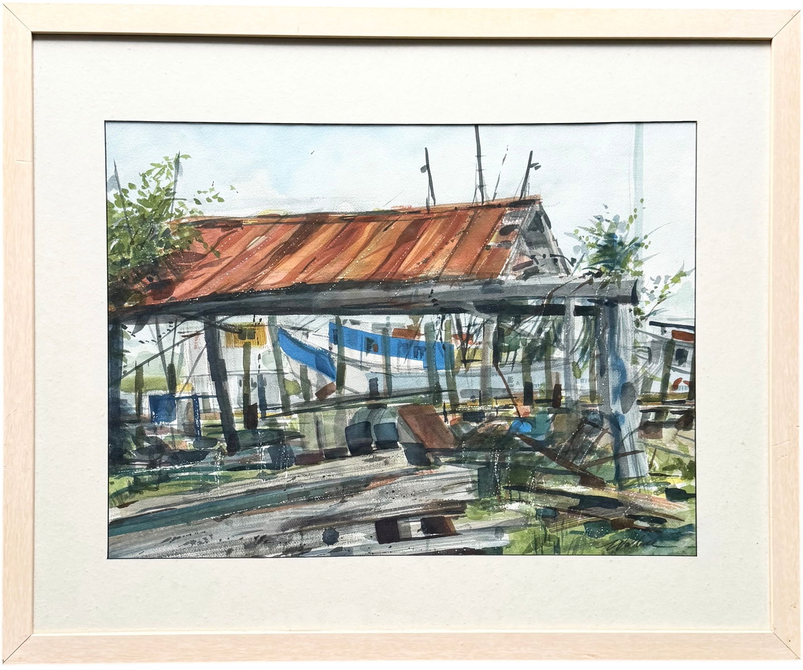 ROBERT BRUCE WALLACE (20th c, American) Weathered Shrimpers Harbor (1 of 4)