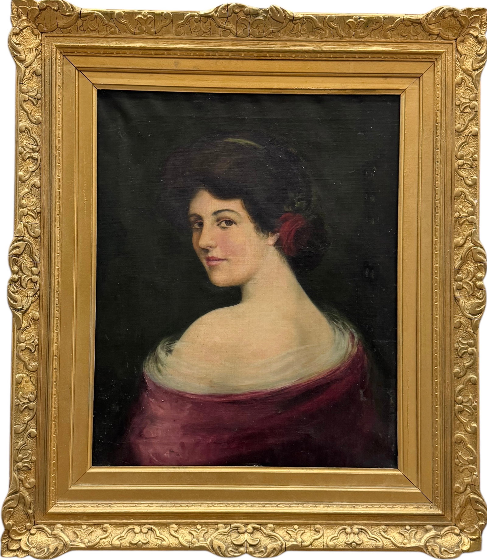Early 20th Century American School Portrait Of A Young Woman In Gold Frame: Oil on canvas 18 x 22 in, 30.5 x 26.5 in (framed)