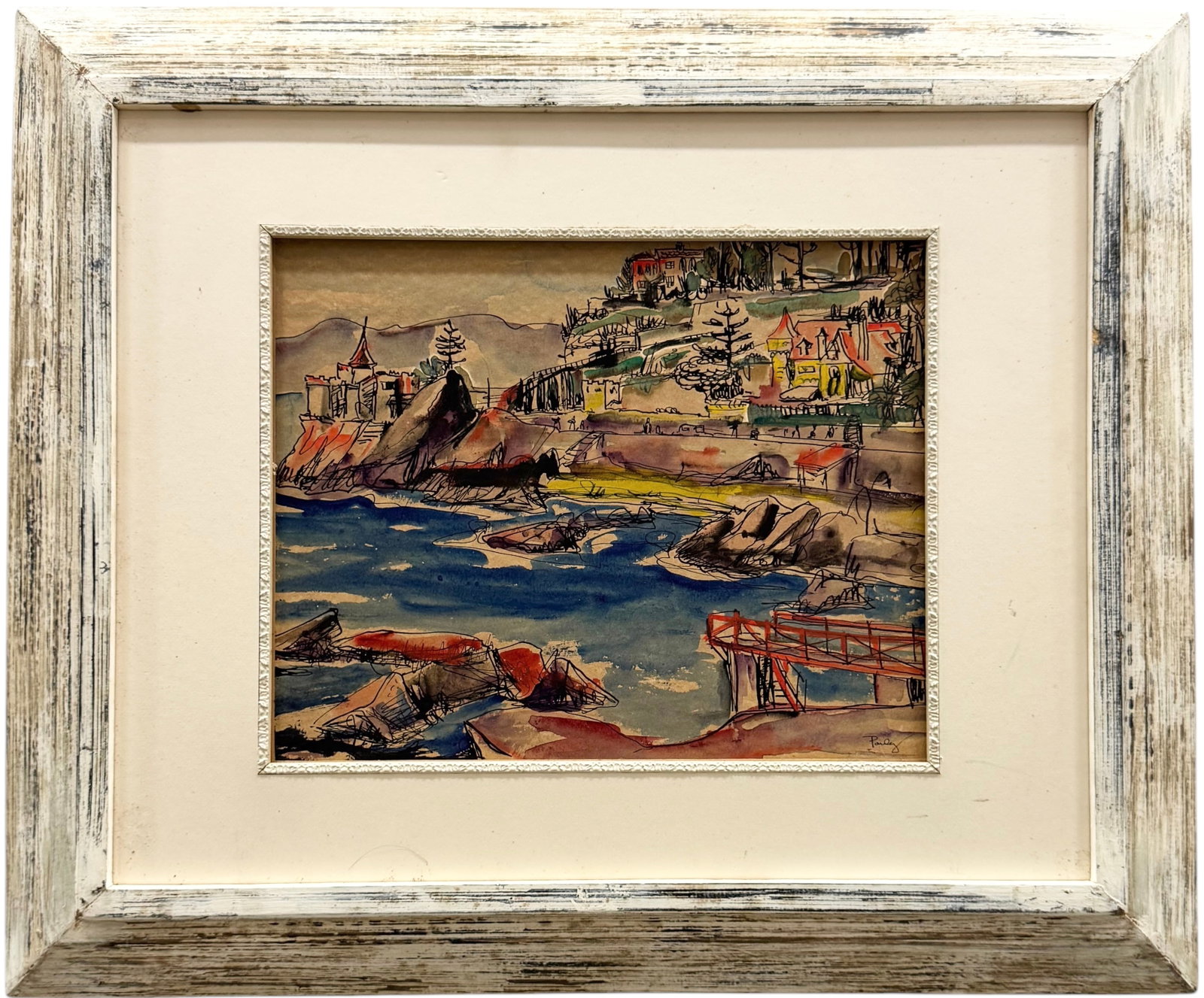 Nicely Framed European School Modernist Watercolor Landscape With Castles Signed: Watercolor on paper 13 x 10.5 in, 24 x 20 in (framed)