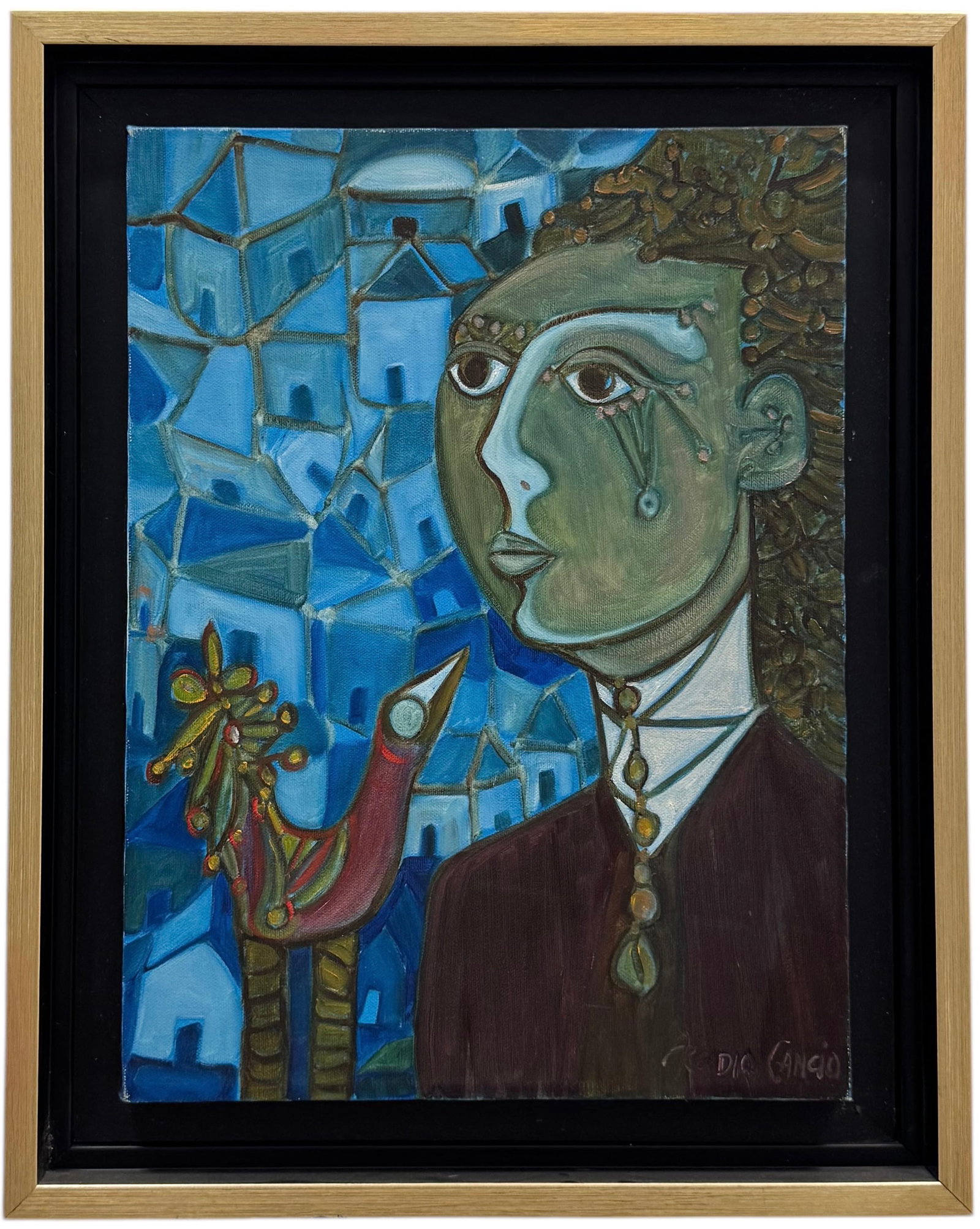 ARCADIO CANCIO (b. 1952, Cuban) Figure With Bird Abstract: Oil on canvas 16 x 12 in, 19.5 x 15.5 in