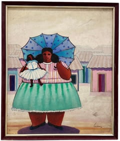 Vintage Latin American Folk Art Oil On Canvas Signed & Dated