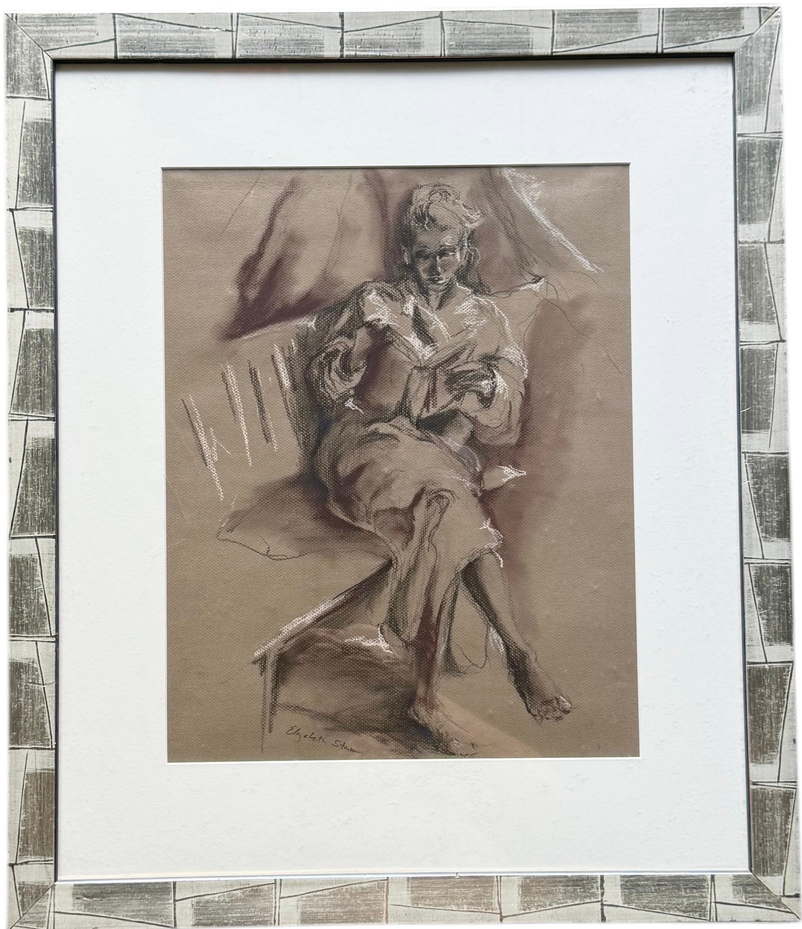ELIZABETH STEIN ALLEN (20th c, American) South Carolina Artist, Seated Woman: Nicely framed. South Carolina, Tennessee artist. Charcoal on paper 19 x 15 in (sight), 29 x 25 in (framed)