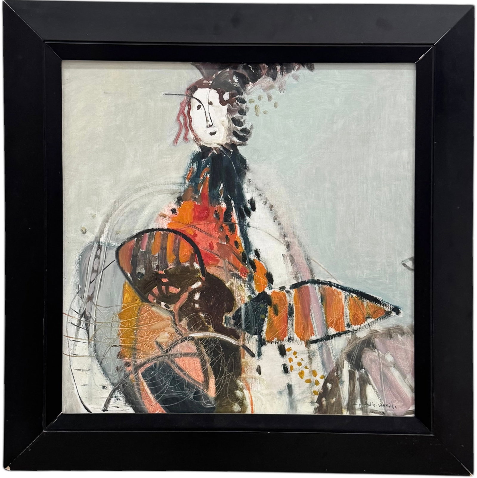 MICHEL PARADIS SAUVAL (b. 1937, French) Abstract With Figure: Oil on canvas 23.5 x 23.5 in, 31 x 31 in (framed)