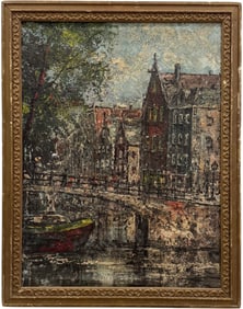 Early 20th Century Dutch Canal Scene Oil On Canvas In Period Frame