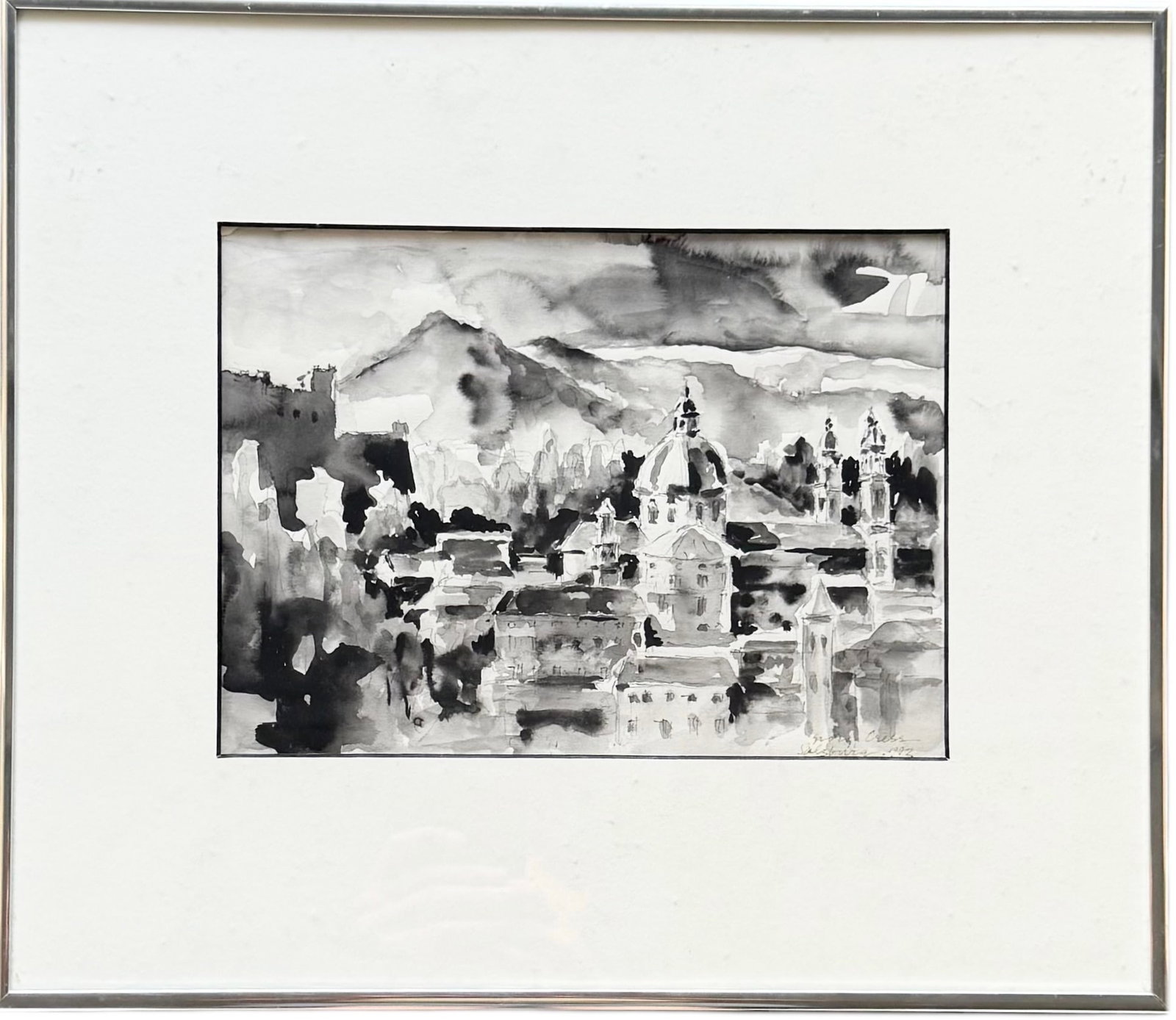 GEORGE CRESS (1921-2008, American) View Of Salzburg Austria: Ink Wash 10 x 1/4 in, (sight), 16 x 14 in (framed)