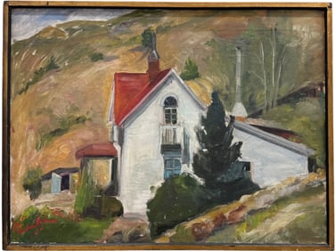 Vintage American School Landscape With House Signed Illegibly