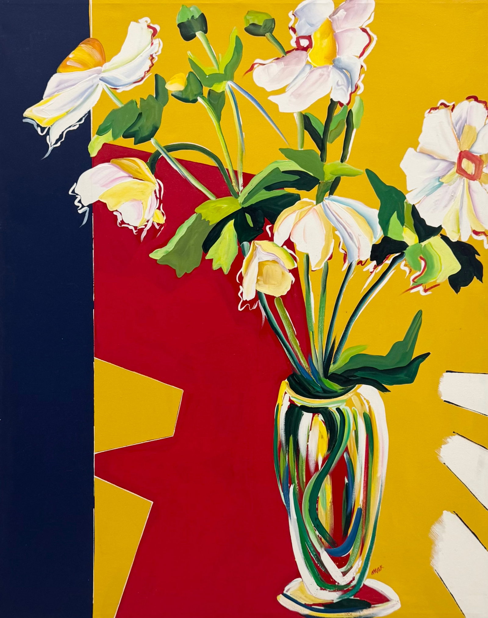 Large American School Modernist Still Life Of Flowers Signed 50" x 40": Acrylic on canvas 50 x 40 in