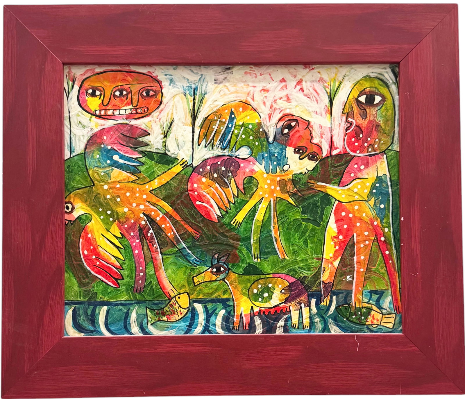 Cuban School Modernist Abstract With Figures: Acrylic on canvas 12 x 10 in, 15.5 x 13 in (framed)