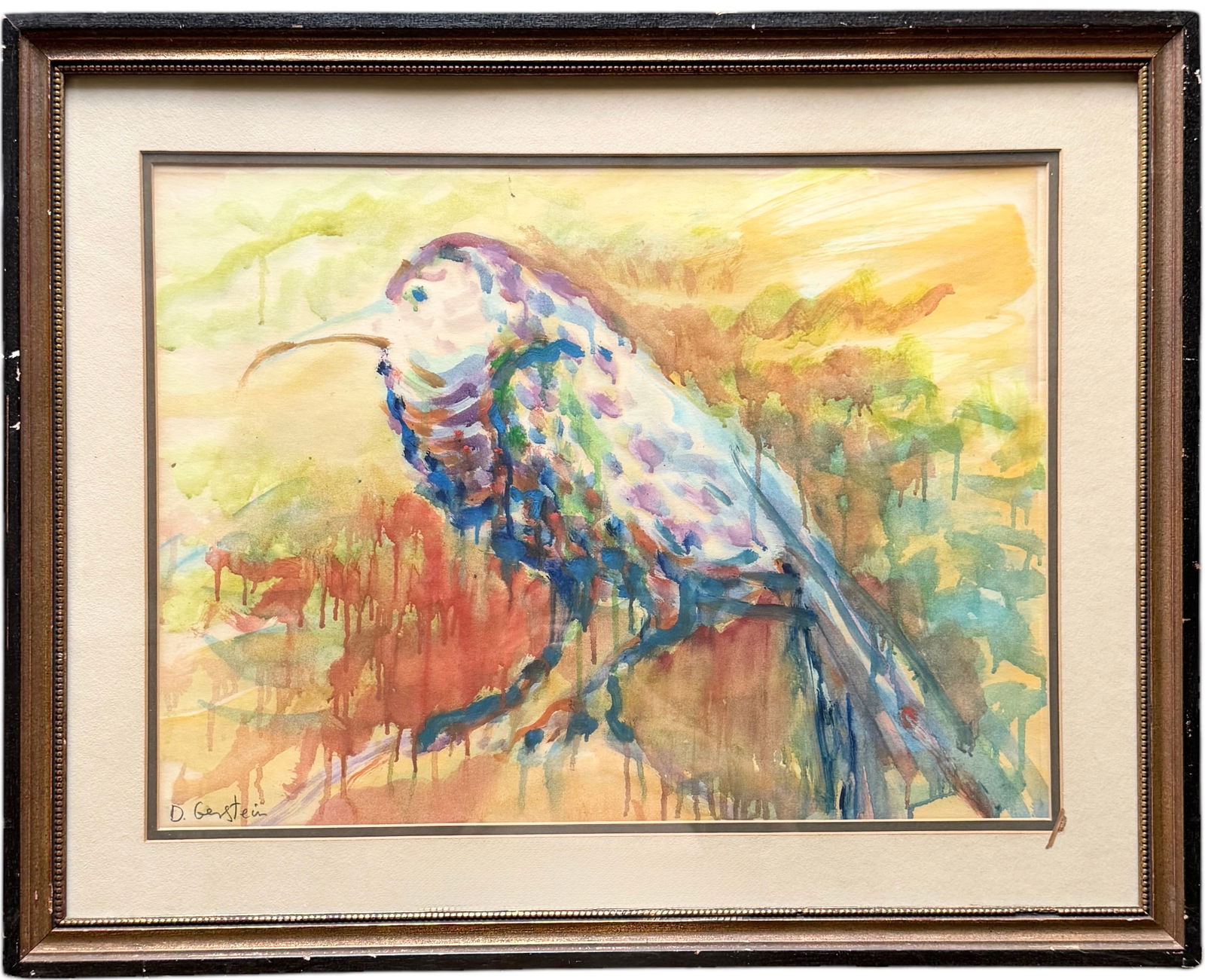 DAVID GERSTEIN (b. 1944, Israeli) Abstract With Bird Watercolor: Watercolor 22 3/4 z 16 3/4 in (image), 30 1/2 x 24 1/2 in (framed)