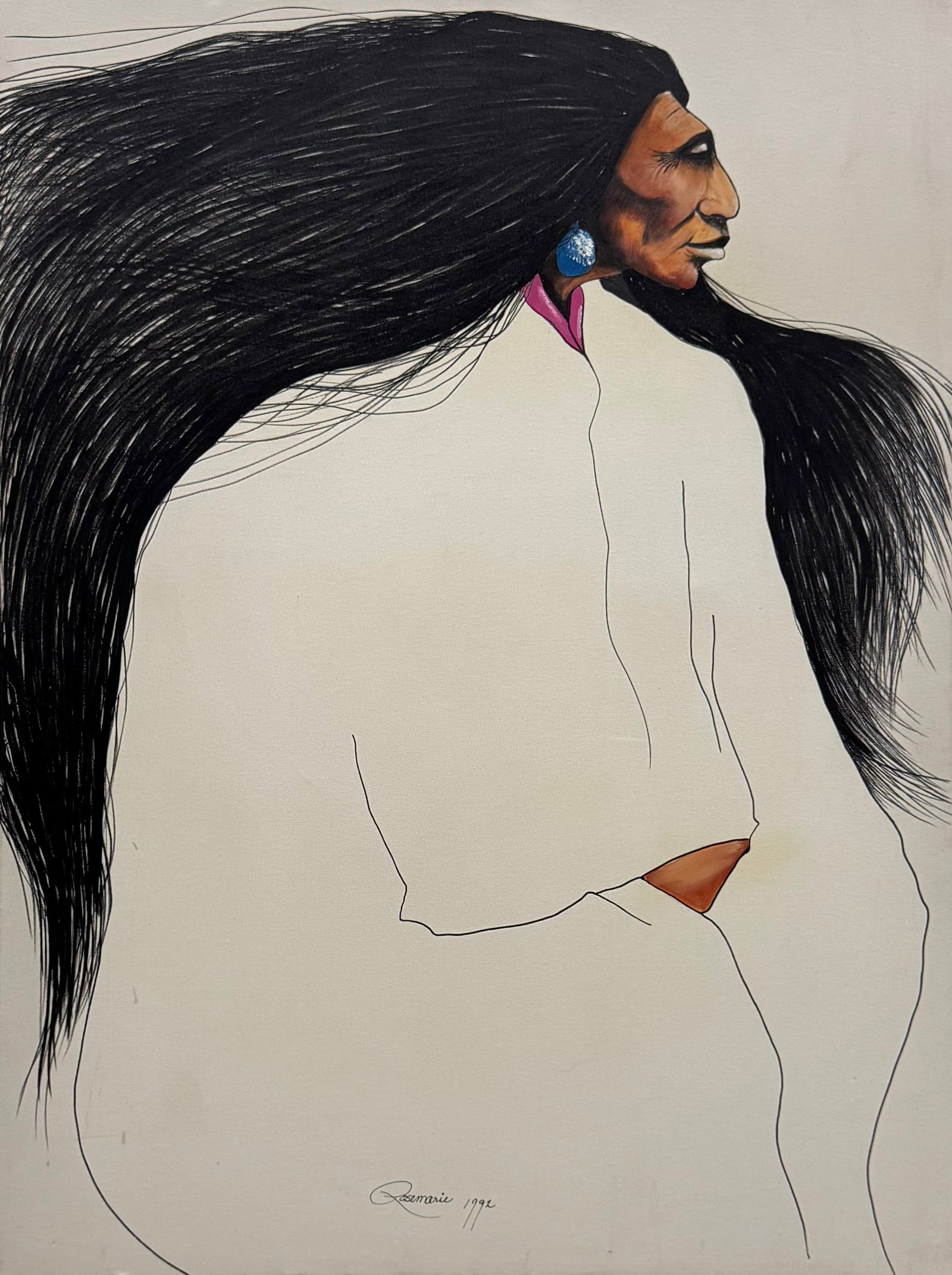 Large Vintage Southwestern Modernist Native American Signed Portrait: Oil on canvas 48 x 36 in