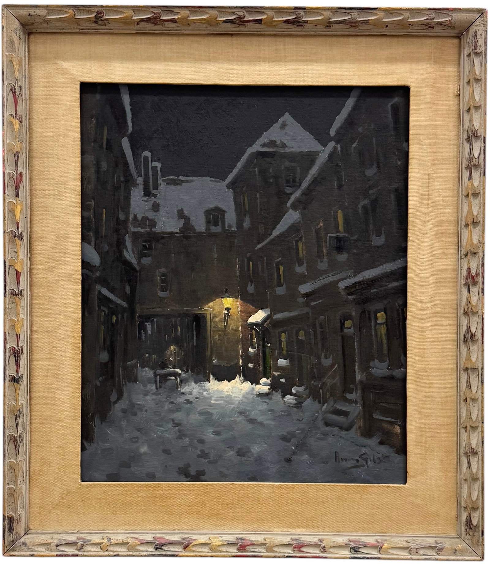 ARNOUT VAN GILST (1898-1982, Dutch) Luminist Snowy Townscape: Oil on canvas 23 x 19 in, 31 x 27 in (framed). Born in The Hague on January 17, 1898, he died in Bennebroek in 1982. He is mentioned in the Netherlands 'Register of overlijden' in P.A.Scheen's Diction