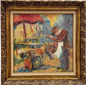 Nicely Framed Italian School Modernist Street Vendor With Boy Street Scene Signed