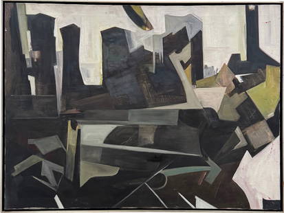 Large Vintage American School Mid-Century Cubist Abstract: Oil on canvas 40 x 29.5